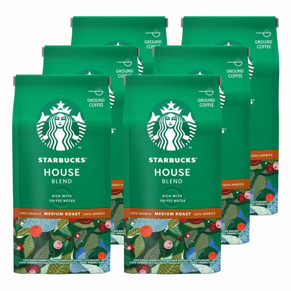 Starbucks House Blend Kaffee, 6er Set, Medium Roast, Röstkaffee, Vollmundig mit Toffee-Noten, Gemahlen, 6 x 200 g