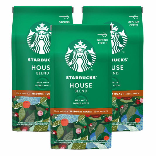 Starbucks House Blend Coffee, Set of 3, Medium Roast, Roasted Coffee, Full-bodied with Toffee Notes, Ground, 3 x 200 g