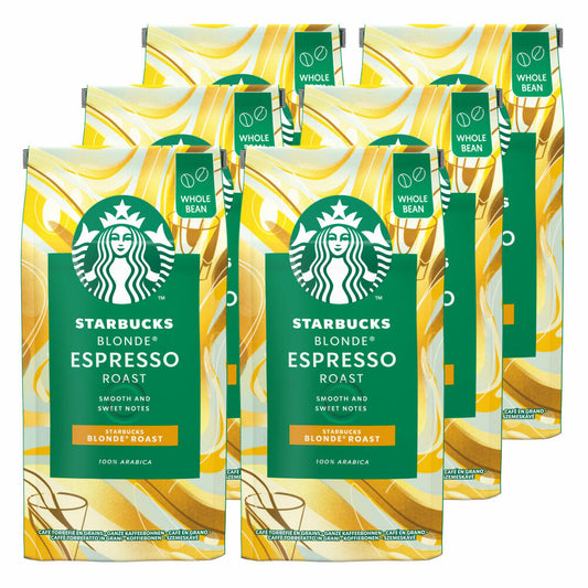 Starbucks Blonde Espresso Coffee, Set of 6, Blonde Roast, Roasted Coffee, Velvety and Sweet, Whole Beans, 6 x 200 g