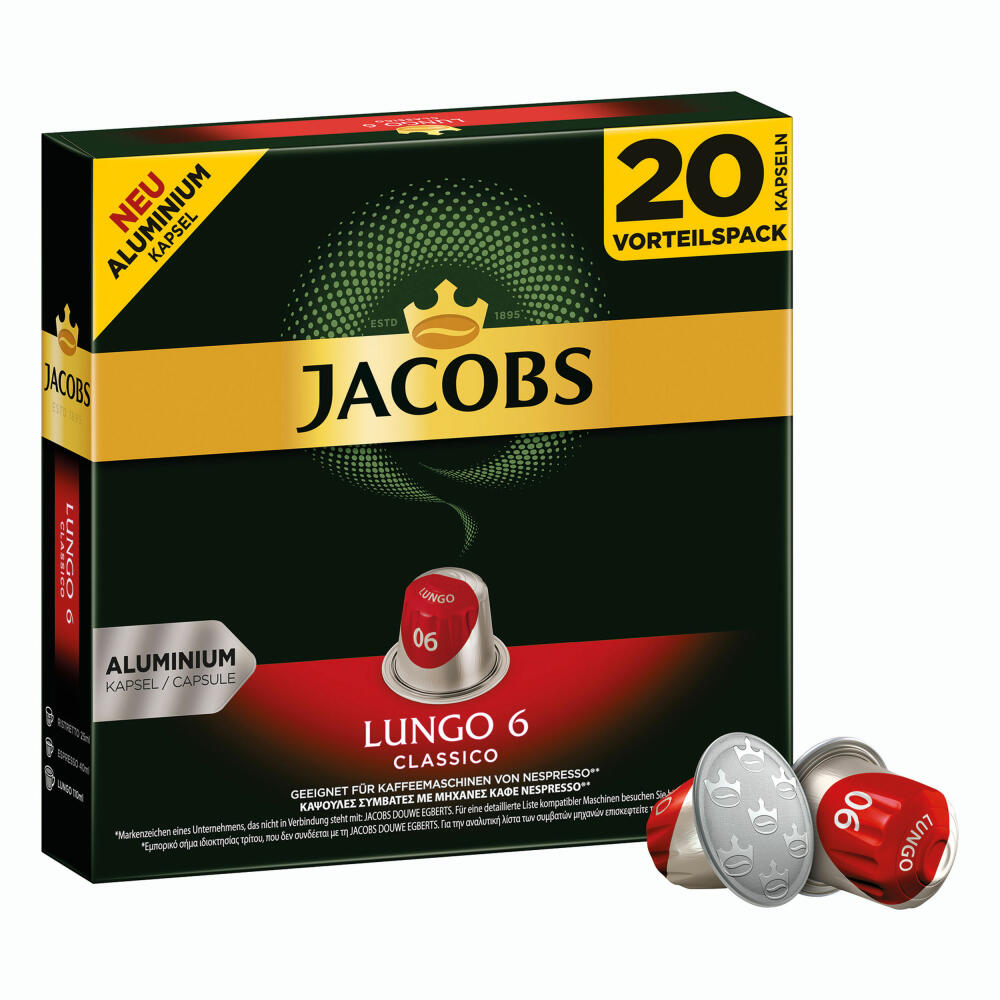 Jacobs Lungo 6 Classico, Kaffeekapseln, Nespresso Kompatibel, Kaffee, 80 Kapseln, á 5.2 g