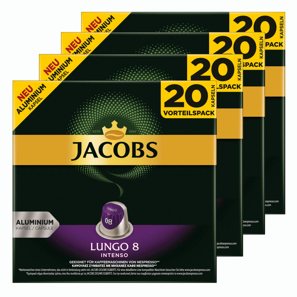 Jacobs Lungo 8 Intenso, coffee capsules, Nespresso compatible, coffee, 80 capsules, á 5.2 g