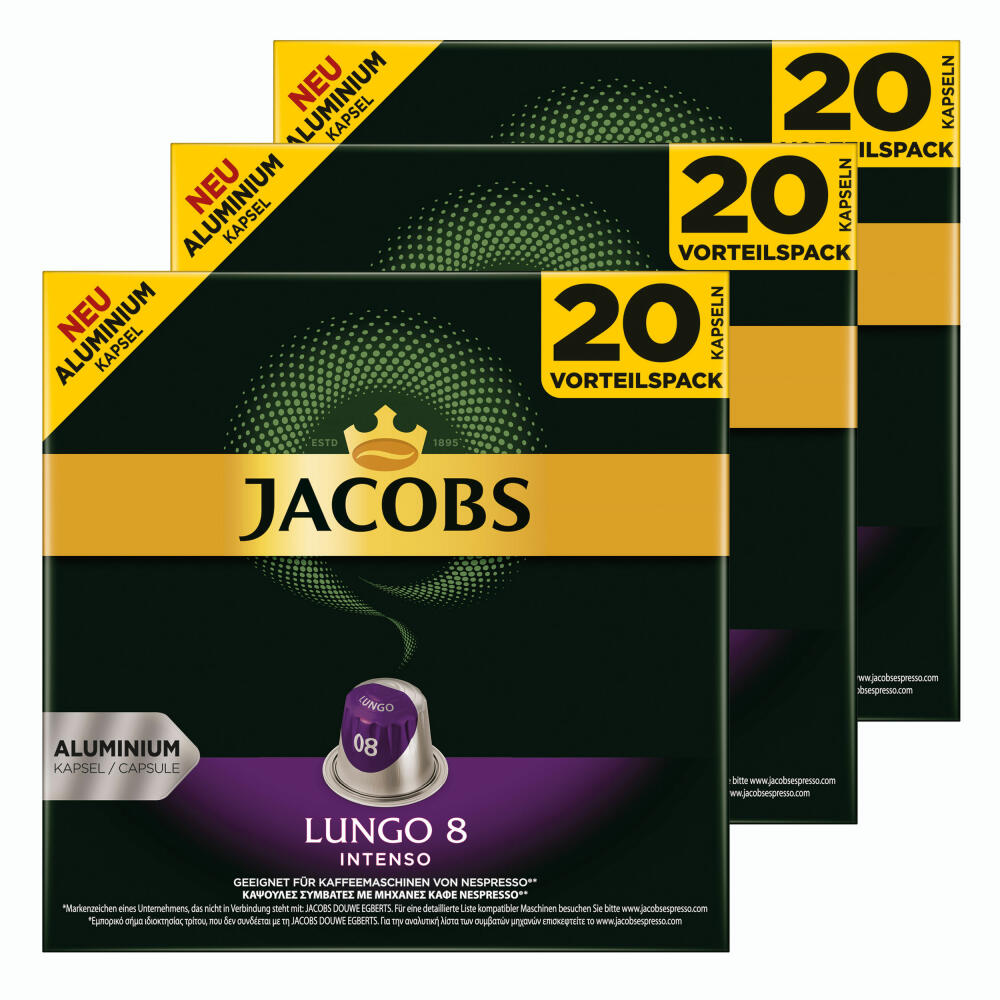 Jacobs Lungo 8 Intenso, coffee capsules, Nespresso compatible, coffee, 60 capsules, 5.2 g each