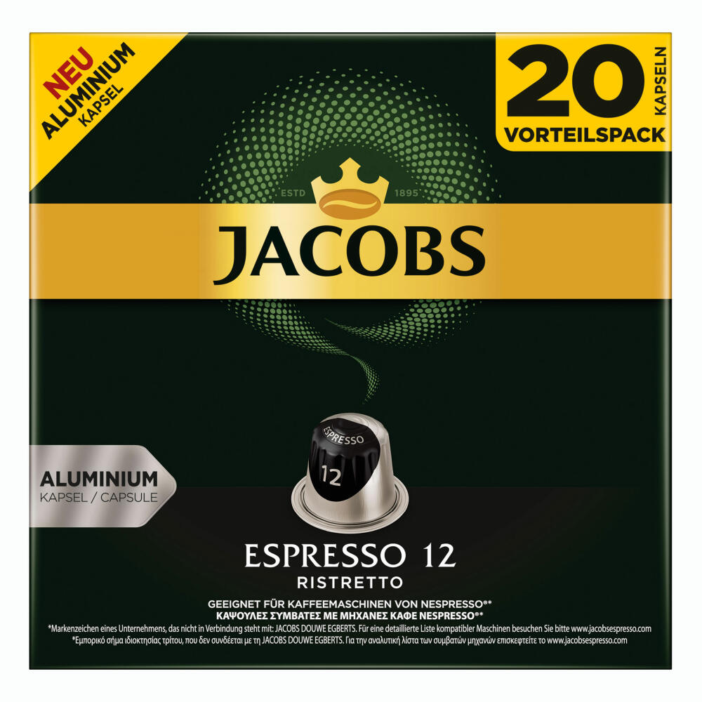 Jacobs Espresso 12 Ristretto, Coffee Capsules, Nespresso Compatible, Coffee, 200 Capsules, 5.2 g each