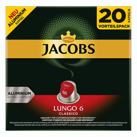 Jacobs Lungo 6 Classico, Kaffeekapseln, Nespresso Kompatibel, Kaffee, 20 Kapseln, á 5.2 g