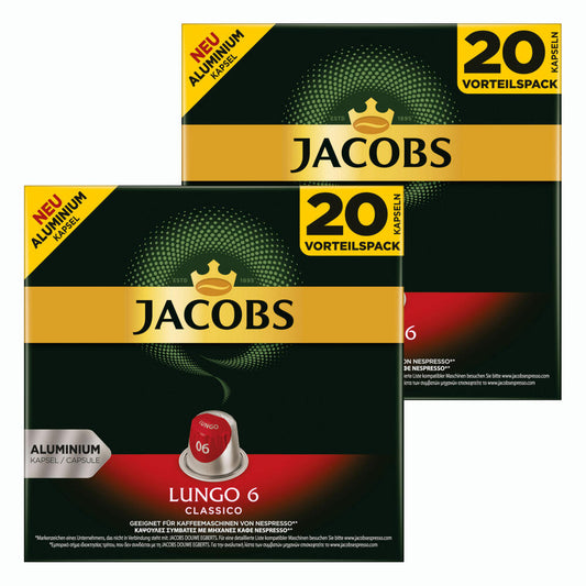 Jacobs Lungo 6 Classico, Kaffeekapseln, Nespresso Kompatibel, Kaffee, 40 Kapseln, á 5.2 g