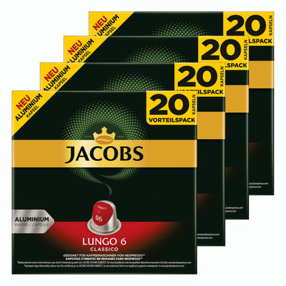 Jacobs Lungo 6 Classico, coffee capsules, Nespresso compatible, coffee, 80 capsules, á 5.2 g