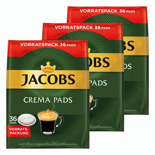 Jacobs Crema Kaffeepads, Vorratspackung, für alle Pad Maschinen, 108 Kaffee Pads, á 6.6 g