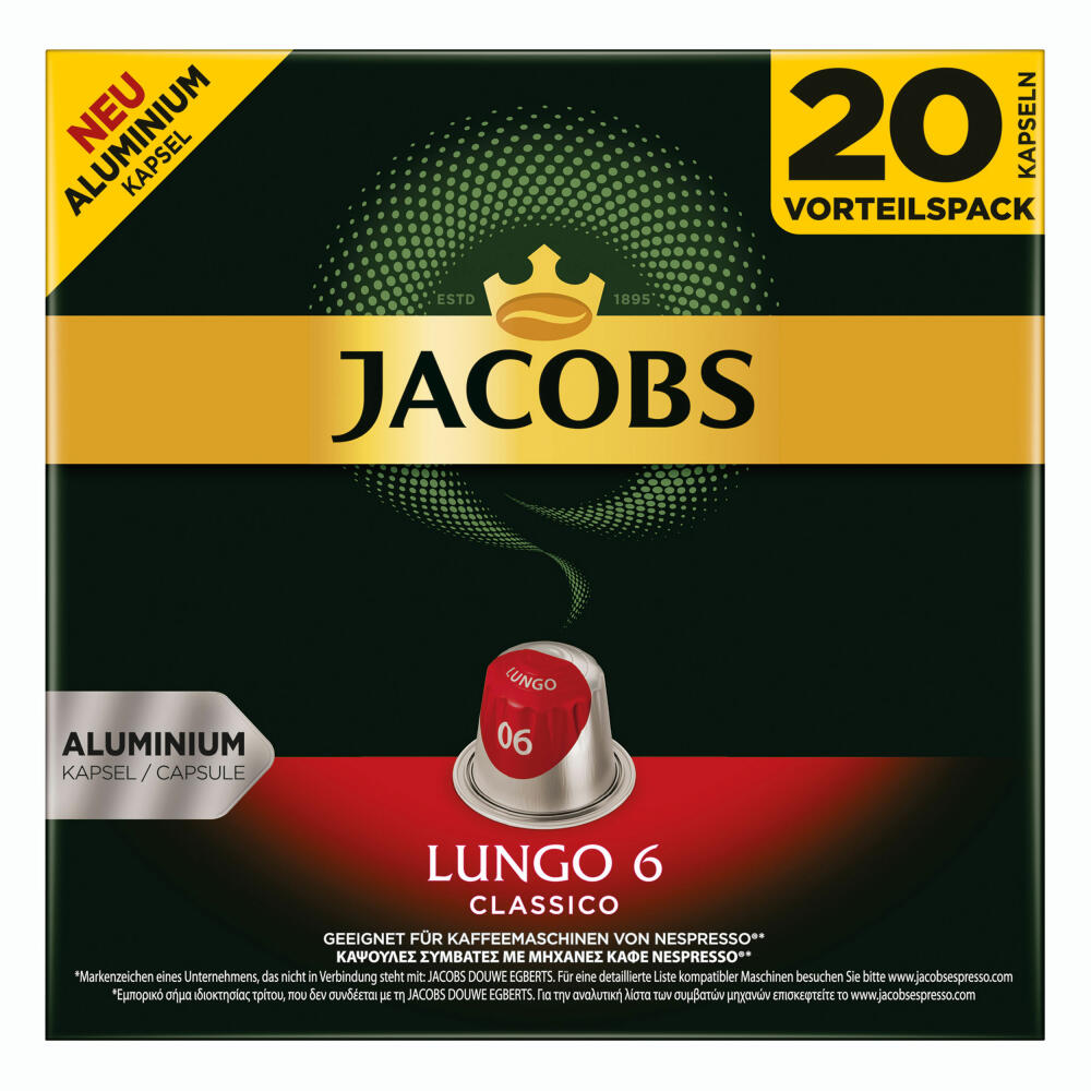 Jacobs Lungo 6 Classico, Kaffeekapseln, Nespresso Kompatibel, Kaffee, 60 Kapseln, á 5.2 g
