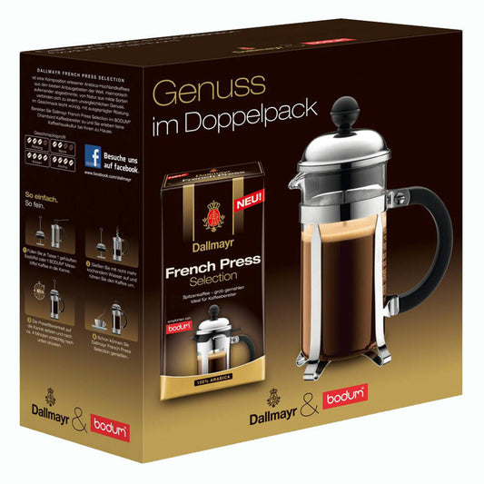 Bodum Chambord Kaffeebereiter + Dallmayr French Press Selection, Gemahlener Röstkaffee, 250 g, 1 L