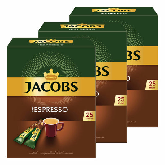 Jacobs Type Espresso, pack of 3, soluble coffee, instant coffee, 25 individual portions each