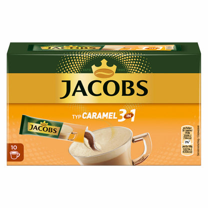 Jacobs 3in1 löslicher Kaffee, Typ Caramel, 3er-Set, Karamell Kaffeegetränk, Instantkaffee, 3 x 10 Becherportionen