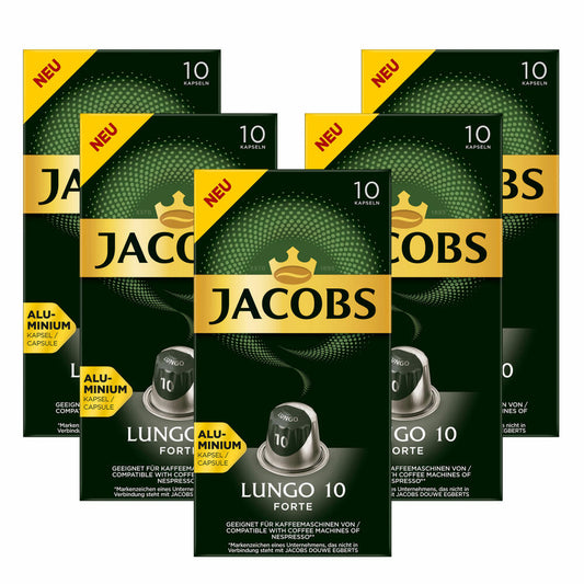 Jacobs Lungeo 10 Forte 5er Set, Kaffeekapseln, Nespresso Kompatibel, Kaffee, 5x10 Kapseln, á 5.2 g