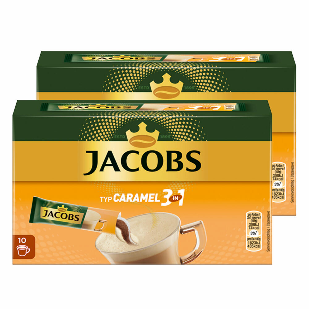 Jacobs 3in1 löslicher Kaffee, Typ Caramel, 2er-Set, Karamell Kaffeegetränk, Instantkaffee, 2 x 10 Becherportionen