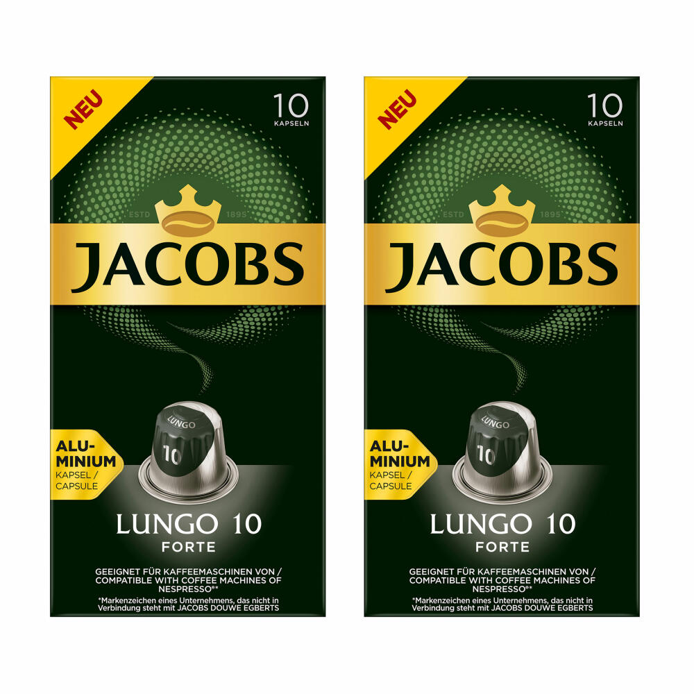 Jacobs Lungeo 10 Forte Set of 2, Coffee Capsules, Nespresso Compatible, Coffee, 2x10 Capsules, á 5.2 g