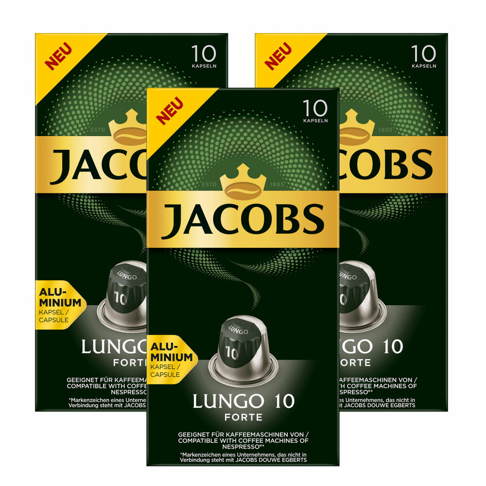 Jacobs Lungeo 10 Forte 3er Set, Kaffeekapseln, Nespresso Kompatibel, Kaffee, 3x10 Kapseln, á 5.2 g