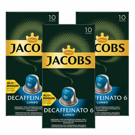 Jacobs Decaffeinato 6 Lungo 3er Set, Kaffeekapseln, Nespresso Kompatibel, Kaffee, 3 x 10 Kapseln, á 5.2 g