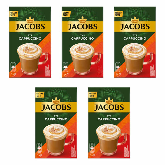 Jacobs Instant Cappuccino Set of 5, Coffee Sticks, Cappuccino Sticks, Instant Coffee, 5 x 8 Sticks / 40 Servings, 4090076