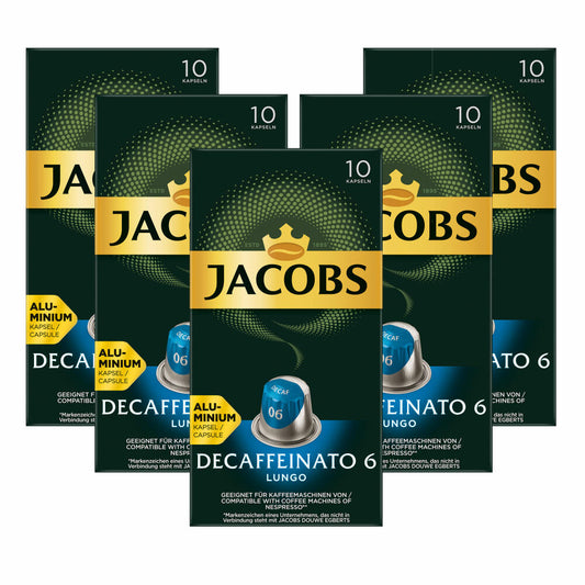 Jacobs Decaffeinato 6 Lungo Set of 5, Coffee Capsules, Nespresso Compatible, Coffee, 5 x 10 Capsules, á 5.2 g