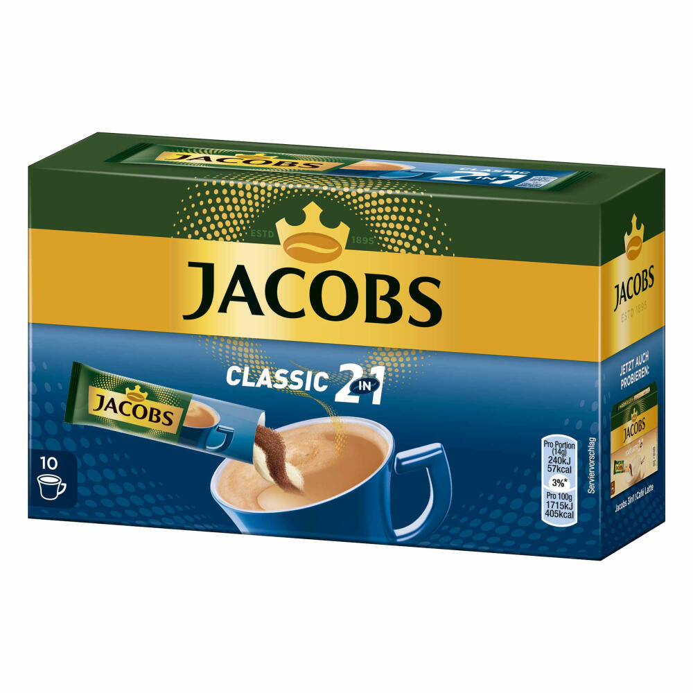 Jacobs 2in1 soluble coffee, instant coffee, pack of 2, 2 x 10 cup portions