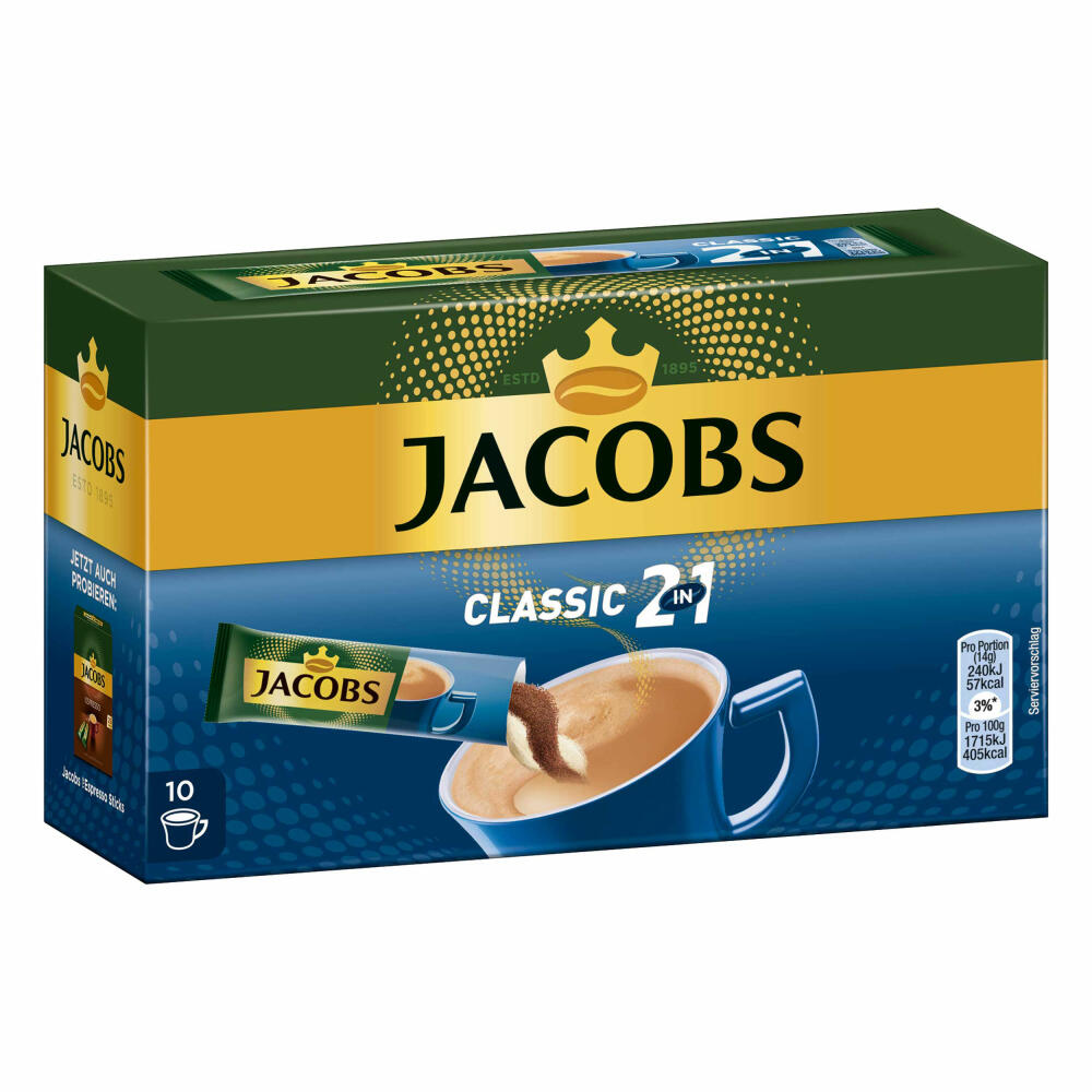 Jacobs 2in1 soluble coffee, instant coffee, 10 cup portions