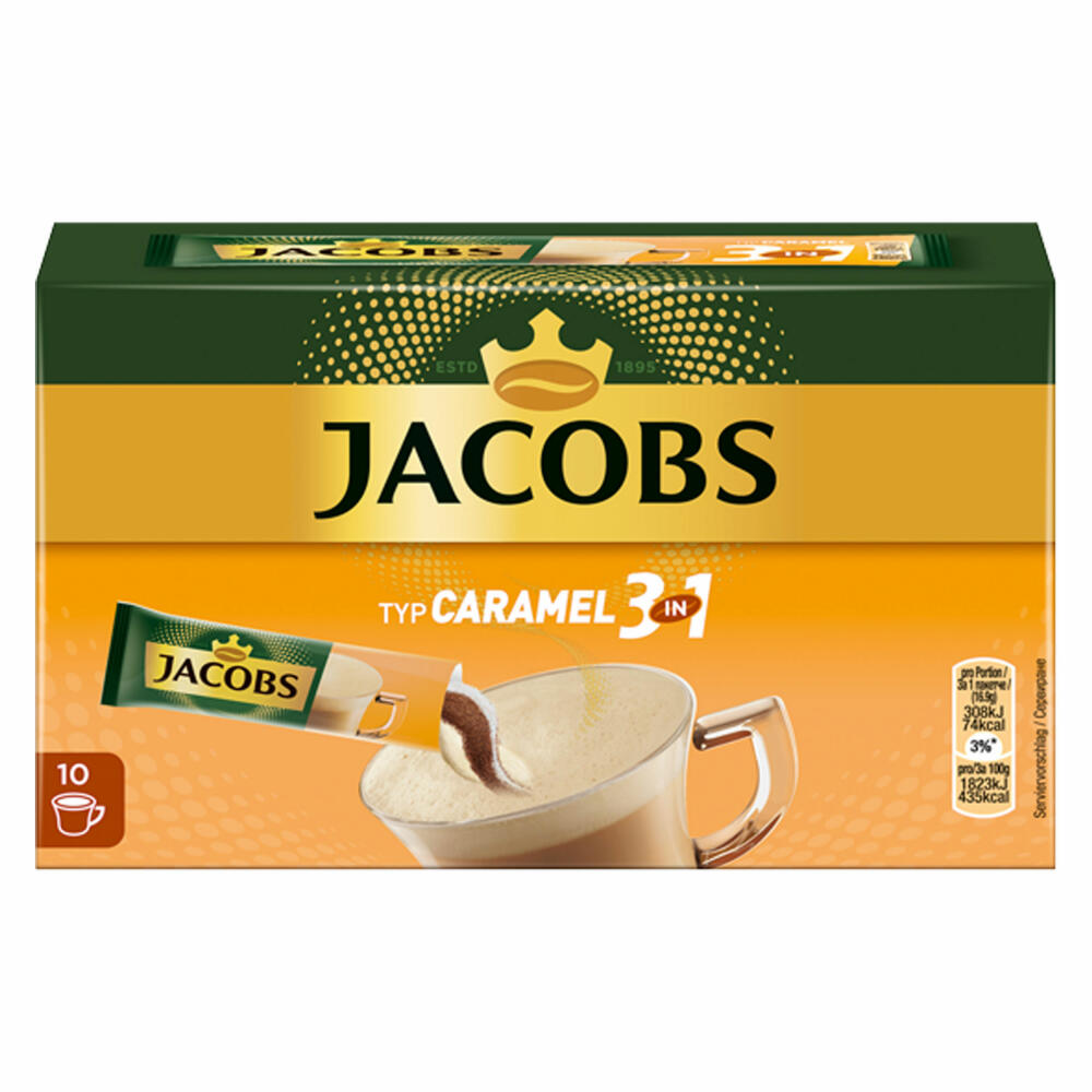 Jacobs 3in1 soluble coffee, type caramel, caramel coffee drink, instant coffee, 10 cup portions