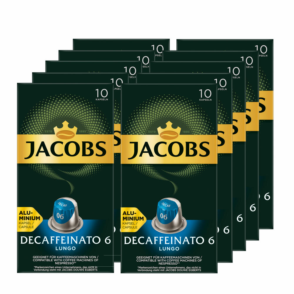 Jacobs Decaffeinato 6 Lungo 10er Set, Kaffeekapseln, Nespresso Kompatibel, Kaffee, 10 x 10 Kapseln, á 5.2 g