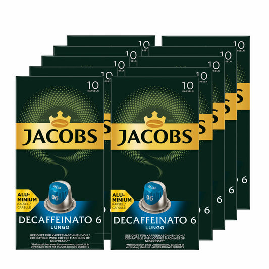 Jacobs Decaffeinato 6 Lungo Set of 10, Coffee Capsules, Nespresso Compatible, Coffee, 10 x 10 Capsules, á 5.2 g