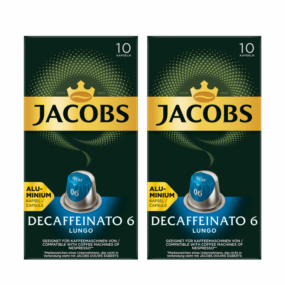 Jacobs Decaffeinato 6 Lungo Set of 2, Coffee Capsules, Nespresso Compatible, Coffee, 2 x 10 Capsules, á 5.2 g