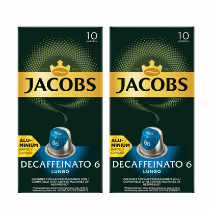 Jacobs Decaffeinato 6 Lungo 2er Set, Kaffeekapseln, Nespresso Kompatibel, Kaffee, 2 x 10 Kapseln, á 5.2 g