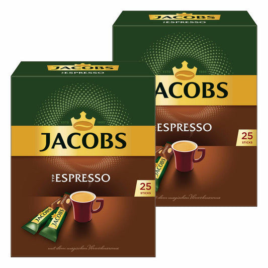 Jacobs Typ Espresso, 2er Pack, löslicher Kaffee, Instantkaffee, Instant Kaffee, je 25 Einzelportionen