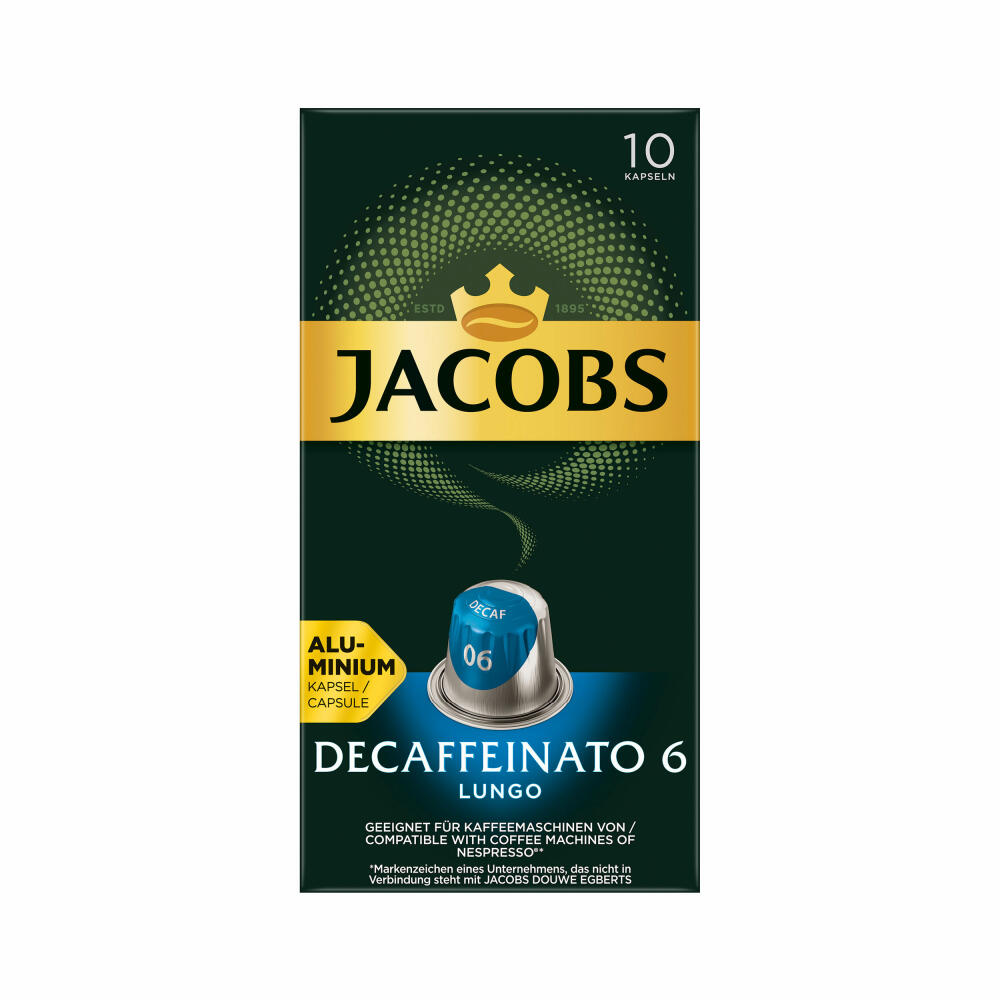 Jacobs Decaffeinato 6 Lungo Set of 10, Coffee Capsules, Nespresso Compatible, Coffee, 10 x 10 Capsules, á 5.2 g