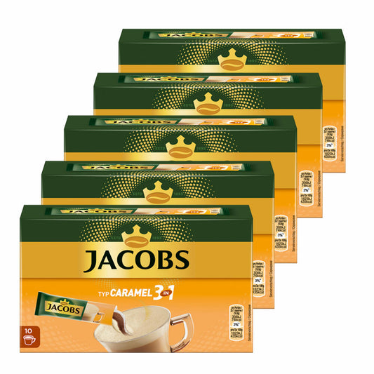 Jacobs 3in1 löslicher Kaffee, Typ Caramel, 5er-Set, Karamell Kaffeegetränk, Instantkaffee, 5 x 10 Becherportionen