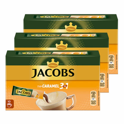 Jacobs 3in1 löslicher Kaffee, Typ Caramel, 3er-Set, Karamell Kaffeegetränk, Instantkaffee, 3 x 10 Becherportionen