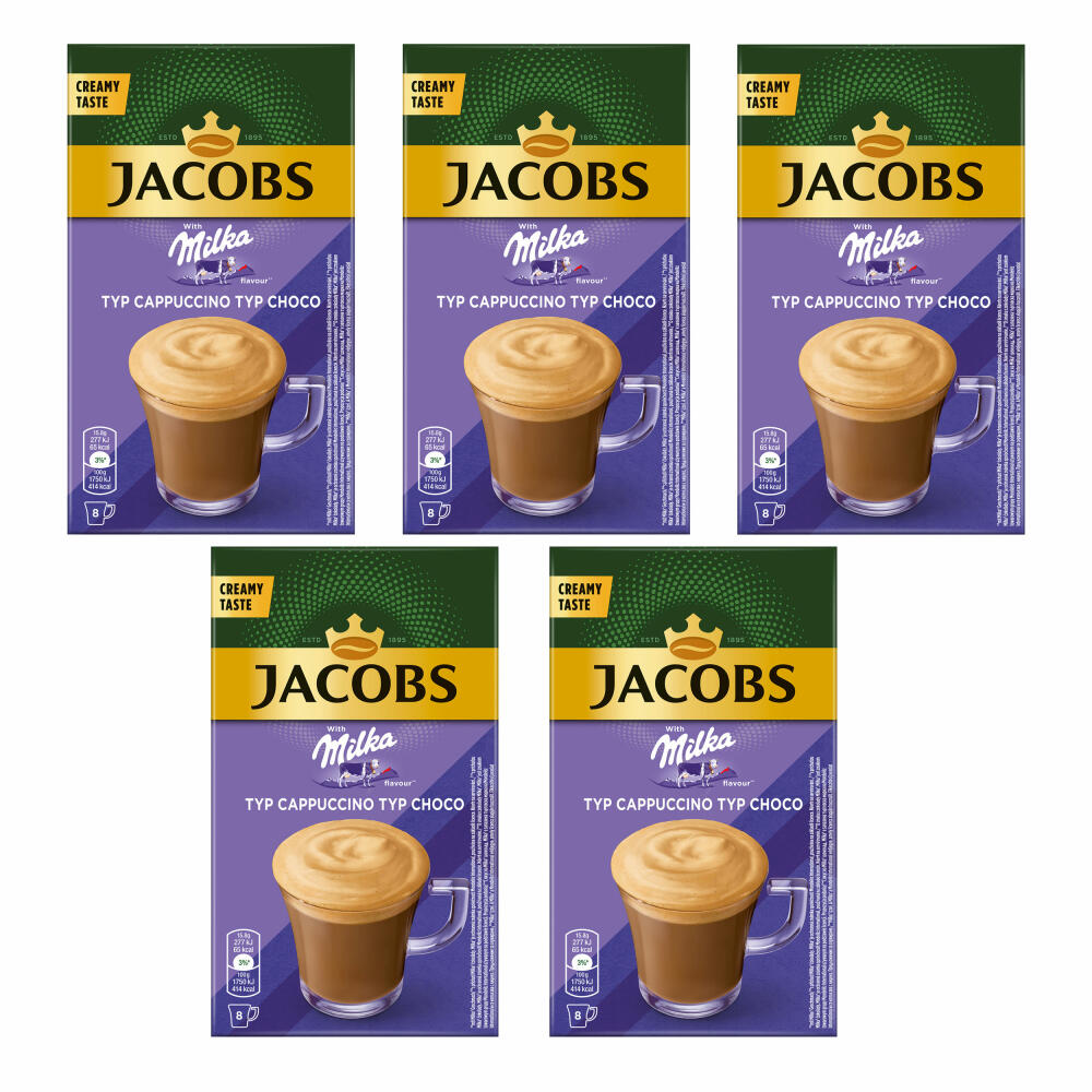 Jacobs Instant Cappuccino Milka Set of 5, Coffee Sticks, Cappuccino Type Choco, Cappuccino Sticks, 5 x 8 Sticks / 40 Portions, 4090077