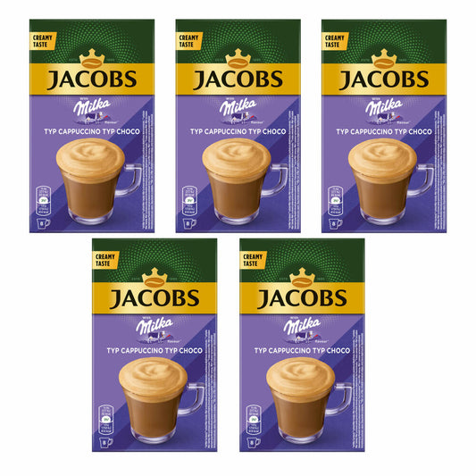 Jacobs Instant Cappuccino Milka 5er Set, Kaffeesticks, Cappuccino Typ Choco, Cappuccino Sticks, 5 x 8 Sticks / 40 Portionen, 4090077