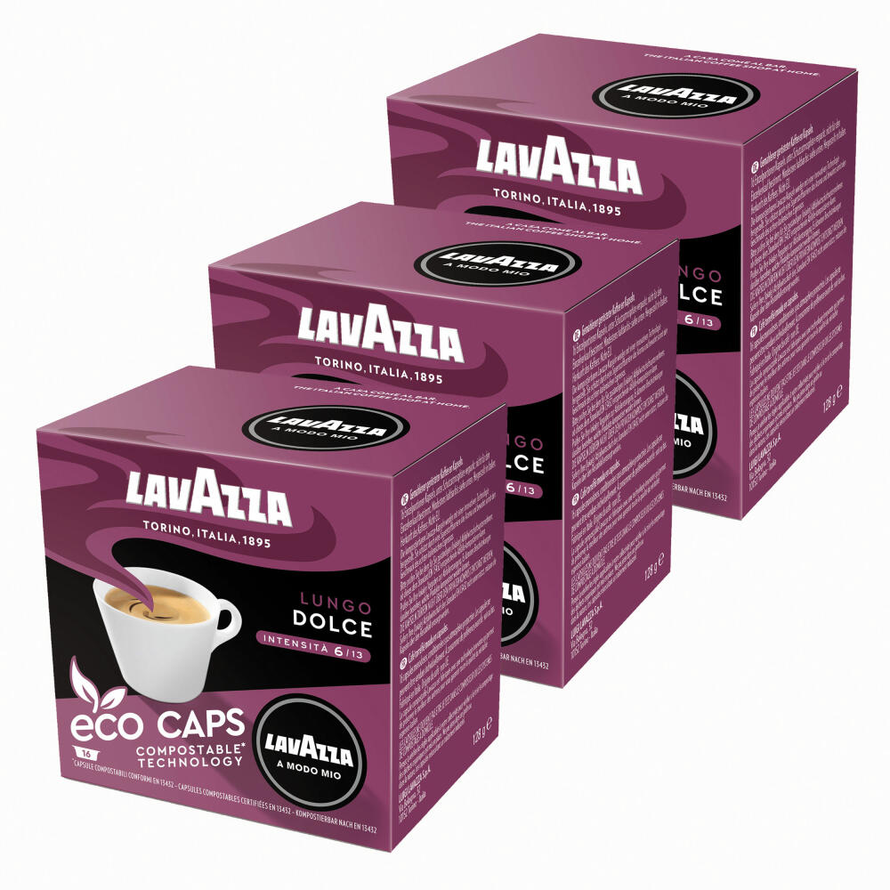 Lavazza A Modo Mio Eco Coffee Capsules Lungo Dolce, Coffee Capsule, Compostable, 3 x 16 Capsules