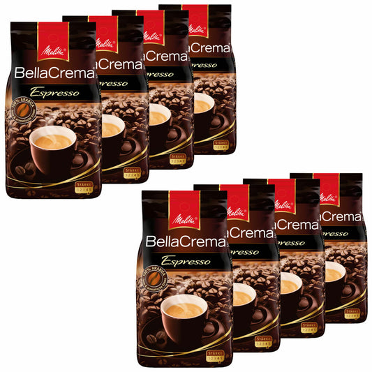 Melitta Coffee BellaCrema Espresso whole bean, strong coffee beans, pack of 8, 8 x 1000g