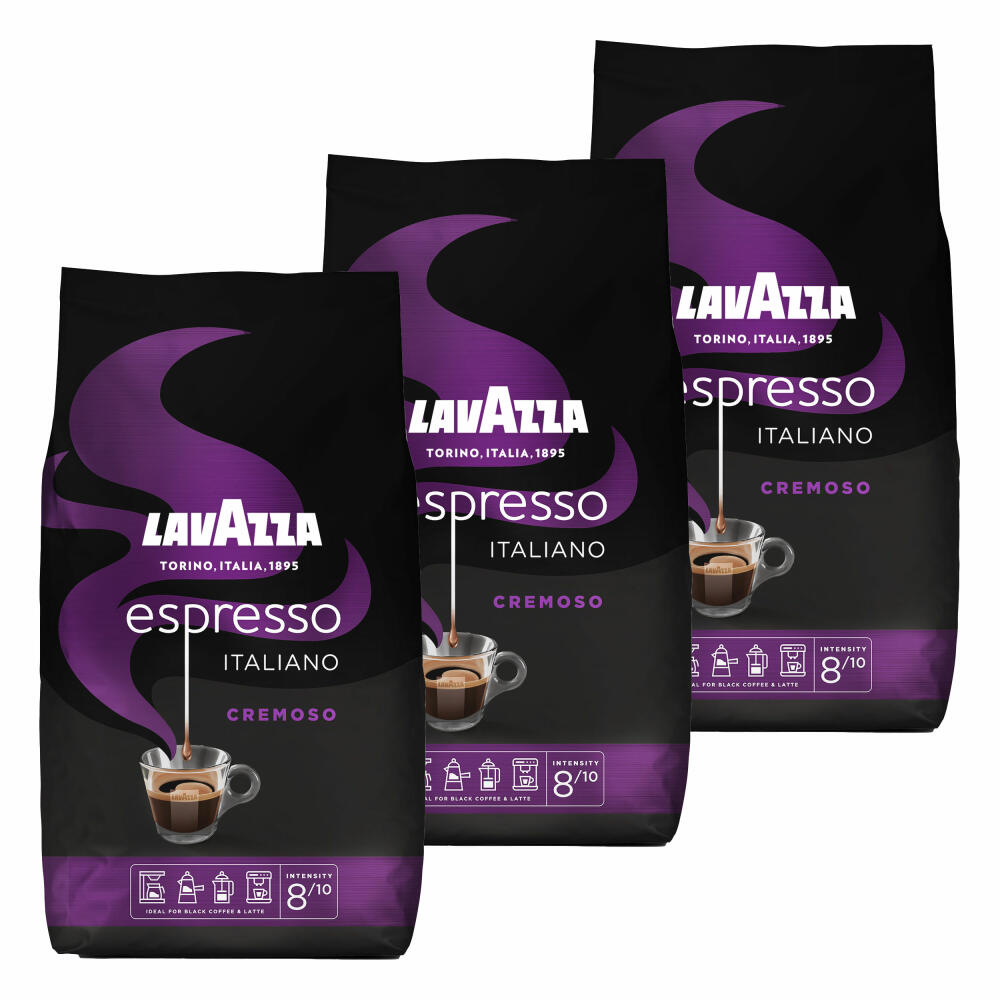 Lavazza Coffee Espresso Italiano Cremoso, whole beans, bean coffee, set, 3 x 1000 g