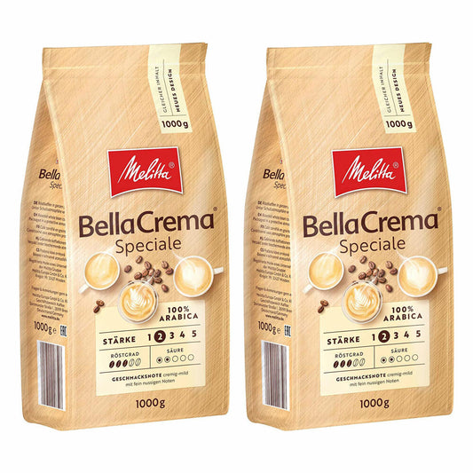 Melitta Coffee BellaCrema Speciale whole bean, mild coffee beans, pack of 2, 2 x 1000g