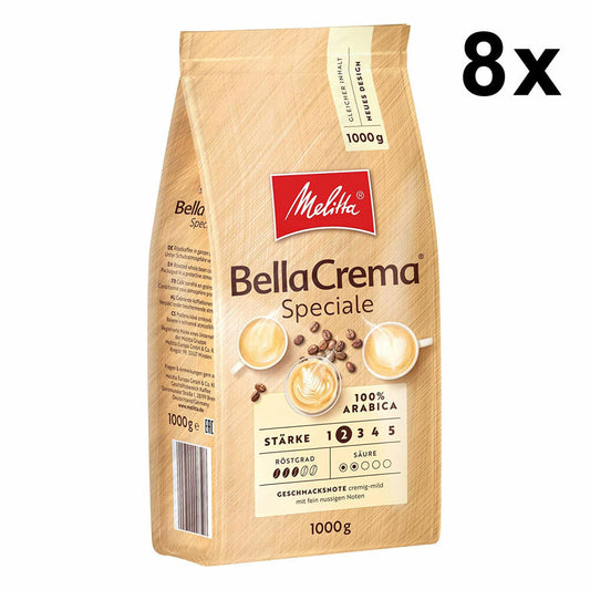 Melitta Coffee BellaCrema Speciale whole bean, mild coffee beans, pack of 8, 8 x 1000g