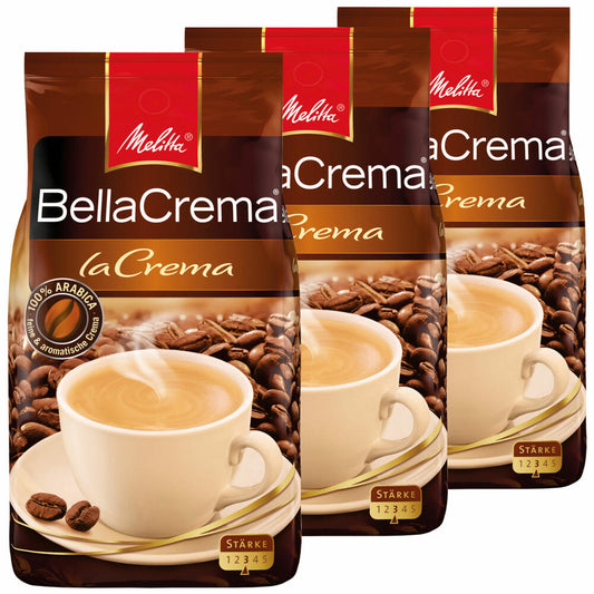 Melitta Kaffee BellaCrema LaCrema ganze Bohne, mittelstarke Kaffeebohnen, 3er Pack, 3 x 1000g