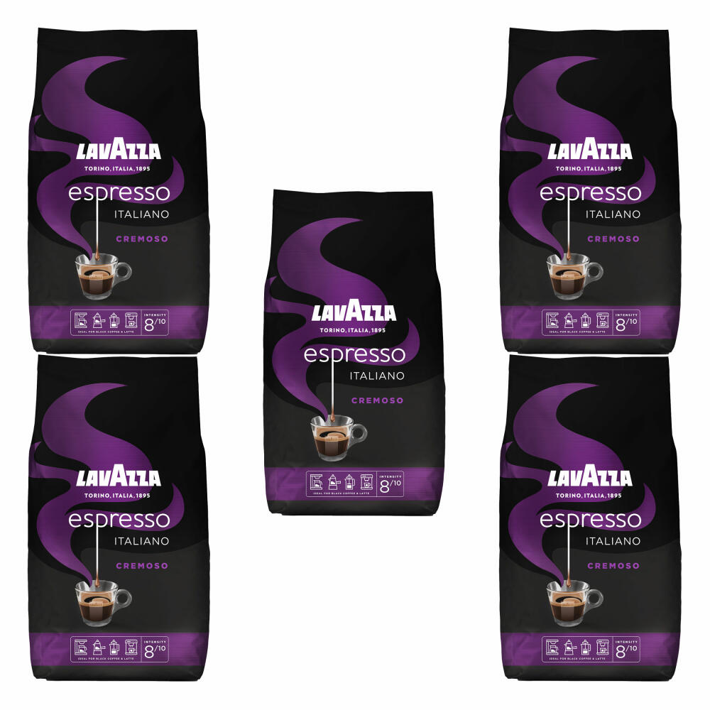 Lavazza Coffee Espresso Italiano Cremoso, whole beans, bean coffee, set, 5 x 1000 g