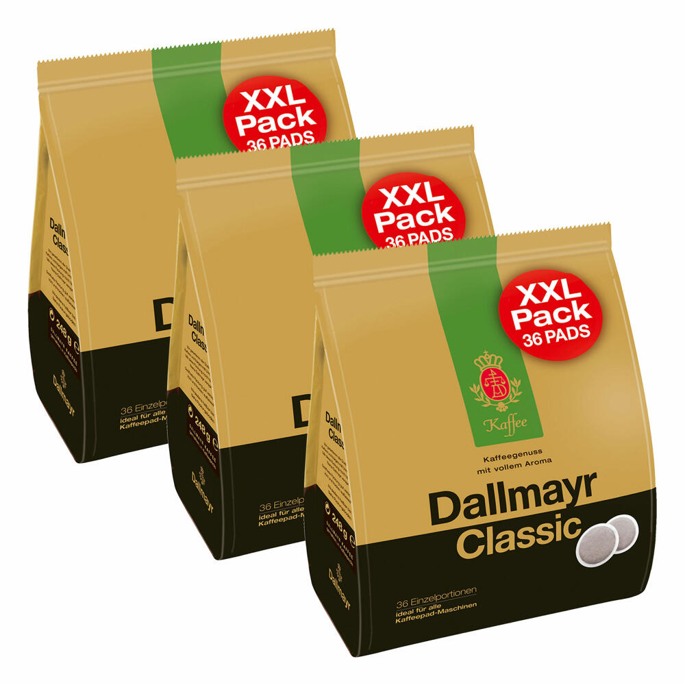 Dallmayr Classic Kaffeepads XXL, für alle Pad Maschinen, Röstkaffee, Kaffee, Sanft, 3 x 36 Pads