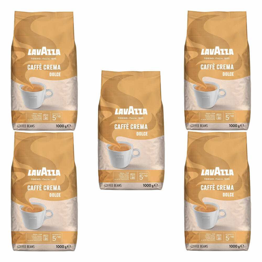 Lavazza Kaffee Caffe Crema Dolce, ganze Bohnen, Bohnenkaffee, Set, 5 x 1000 g