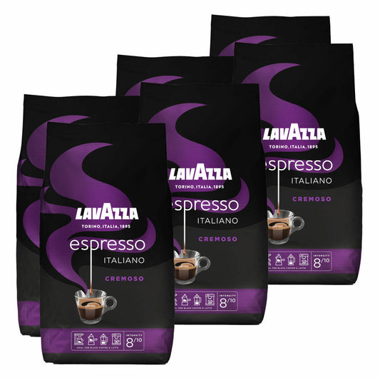 Lavazza Coffee Espresso Italiano Cremoso, whole beans, bean coffee, set, 6 x 1000 g