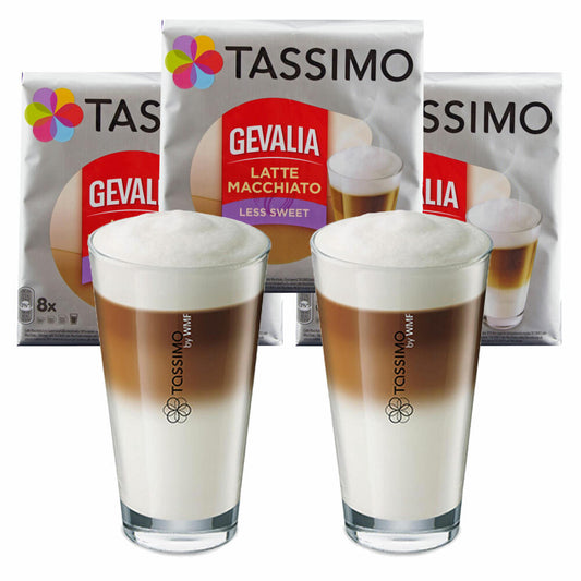 Tassimo Gevalia Latte Macchiato Less Sweet Geschenkset mit Glas, 5-tlg., Weniger Süß, Gemahlener Röstkaffee, Kaffeekapsel, T-Discs