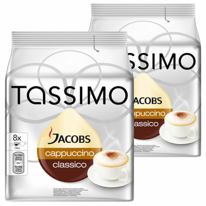 Tassimo Jacobs Cappuccino, coffee, coffee capsule, ground roasted coffee, pack of 2, 2 x 16 T-Discs (16 servings)