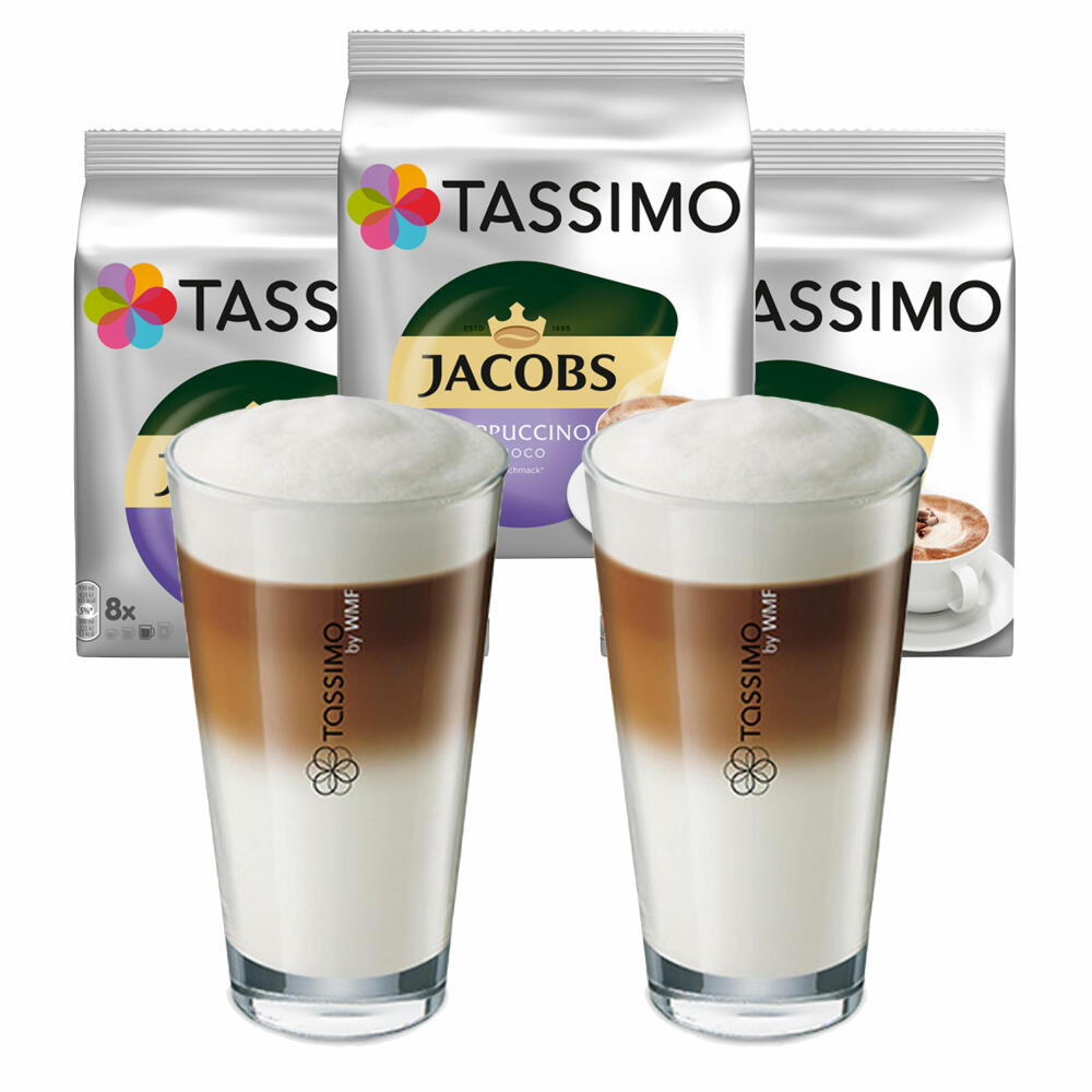 Tassimo Jacobs Cappuccino Choco gift set with glass, 5 pcs., coffee, latte, cocoa, chocolate flavor, capsule, T-Discs