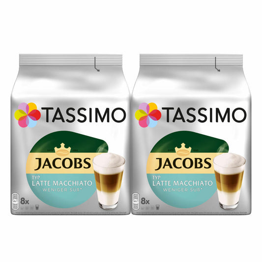 Tassimo Jacobs Typ Latte Macchiato Weniger Süß 2er Set, Kaffeekapsel, Milchkaffee, 32 T-Discs / 16 Portionen