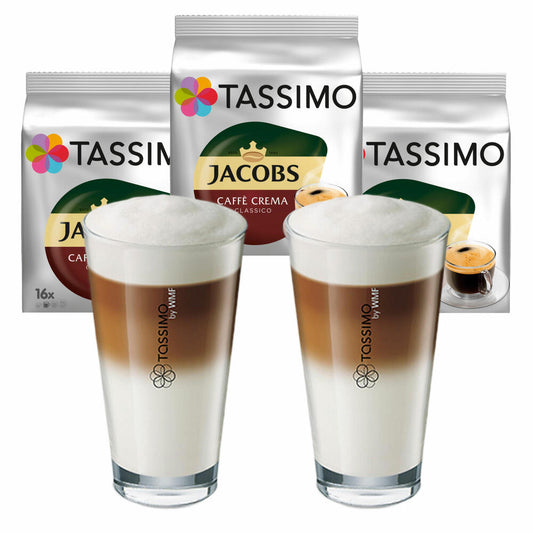 Tassimo Jacobs Caffè Crema Classico Geschenkset mit Glas, 5-tlg, Kaffee mit feiner Crema